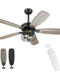 Farmhouse 52 Inch Ceiling Fan With Lights And Remote Control, Rustic Barnwood Blades, Industrial Cage Light, Matte Black Finish
