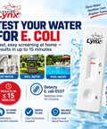 E. Coli Bacteria Water Test Kit showing testing device and water sources; tap, well, and pool water indicators.