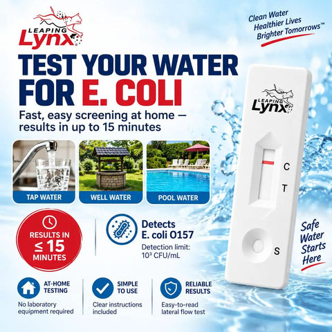 E. Coli Bacteria Water Test Kit showing testing device and water sources; tap, well, and pool water indicators.
