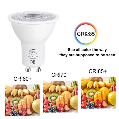 GU10 LED Light Bulb 5000K Daylight White, 70W Halogen Equivalent, showing CRI levels and fruit color accuracy comparison