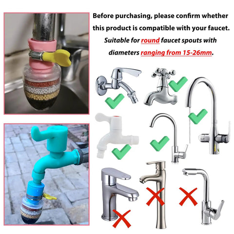 Snag This Badass Three Pack Faucet Water Filter Six Layer Activated Carbon Cartridge Strips attached to varying faucet types.