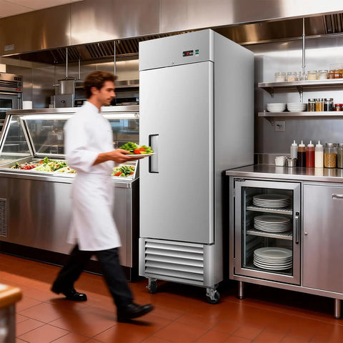 Tough As Nails 27 Wide Commercial Freezer 23 Cubic Ft Stainless Steel Reach In Upright Freezer in a busy restaurant kitchen.