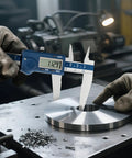 Left-Handed Digital Caliper With Large LCD Screen measuring metal disc in workshop, dual reading in inches and millimeters.