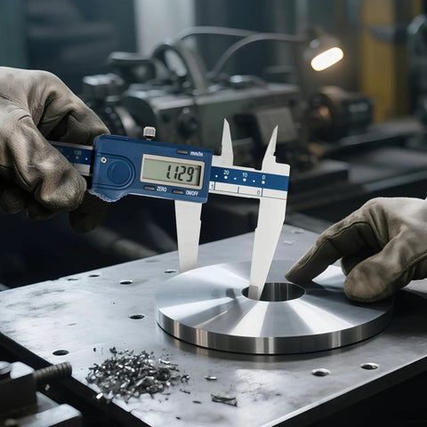 Left-Handed Digital Caliper With Large LCD Screen measuring metal disc in workshop, dual reading in inches and millimeters.