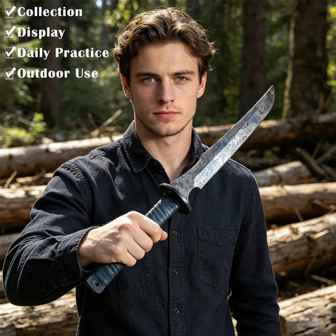 Person holding Full Tang Carbon Steel Machete Sword With Leather Sheath For Practice And Outdoor Use Twenty Point Five Inch Blade