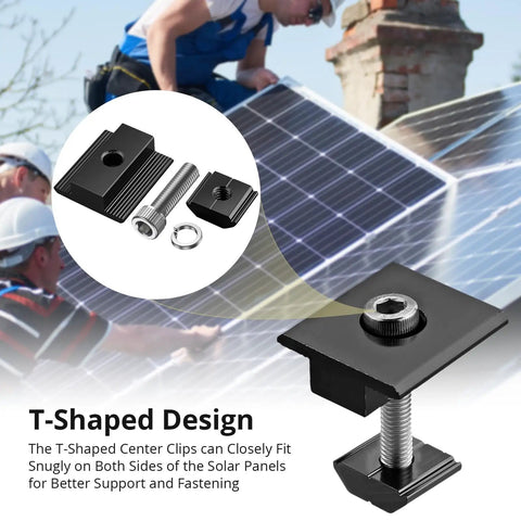 10 Pack Solar Panel Mounting Brackets 1.38 Inch Aluminum Alloy Roof Clamps With 304 Stainless Steel Fasteners close-up of T-shaped clips.