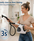Woman using Rapid 3 Second Heat Up Handheld Steam Cleaner With 400Ml Tank for bathroom mold removal.