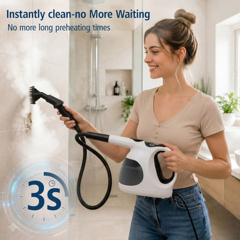 Woman using Rapid 3 Second Heat Up Handheld Steam Cleaner With 400Ml Tank for bathroom mold removal.