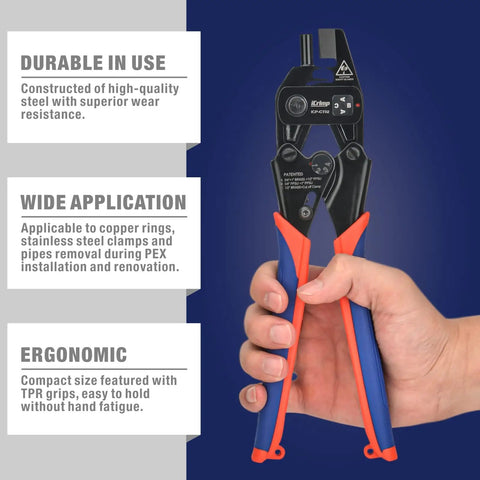 Go To PEX Decrimp Removal Tool For F2098 Stainless Steel Clamps And F1807 Copper Rings held by a hand showing ergonomic design