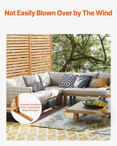 Wooden Privacy Screen For Outdoors 36 Inch Wide 73 Inch Tall Freestanding Panel With Stand Outdoor Divider on a patio.