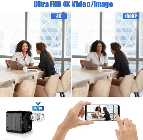 Ultra Mini 4K Wireless Nanny Camera With Crazy Long Battery Life showing 4K video clarity on phone app during meeting.
