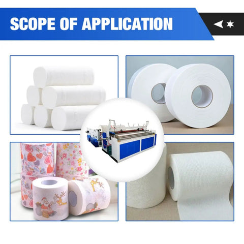 Top Notch Commercial Tissue Paper Production Equipment Built For Hustling Startups Running This Mini Toilet Roll Maker Machine To Crank Out Reliable Household Hygiene Products Straight Up showcasing various tissue rolls and production unit.