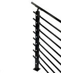 Top Shelf Horizontal Steel Railing Banister Kit 17 Point 5 Ft Hella Adjustable Guard System For Staircases Decks Built Tough With Powder Coated Posts showing black railing and posts.