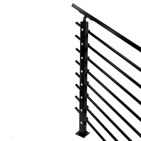 Top Shelf Horizontal Steel Railing Banister Kit 17 Point 5 Ft Hella Adjustable Guard System For Staircases Decks Built Tough With Powder Coated Posts showing black railing and posts.