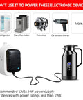 Tailgate Ready AC To DC Converter With Standard Cigarette Lighter Socket powering an electric kettle; black housing and cord.
