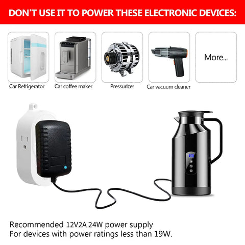 Tailgate Ready AC To DC Converter With Standard Cigarette Lighter Socket powering an electric kettle; black housing and cord.