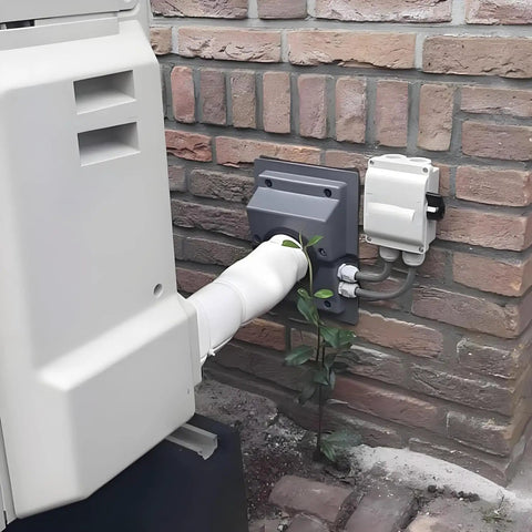 HVAC Wall Penetration Cover Kit With Dense Rubber Seal Blocks Drafts Hides Ugly Ac Lineset on brick wall with tubing.