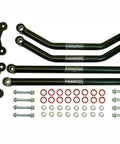 Beefed Up Radius Arm Set For Polaris RZR XP 1000 And XP4 1000 From 2014 Through 2024 Boosted Ground Clearance For Rough Terrain Aftermarket Suspension Upgrade Not Compatible With OEM Bumper., black steel radius rods, base plates, and hardware
