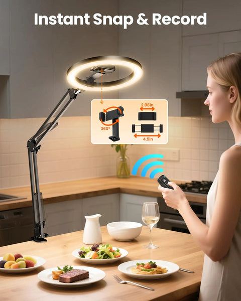 Woman using Ultra Flexible Overhead Ring Light With Desk Mount And Hands Free Phone Holder 10 Inch Selfie Light on kitchen counter