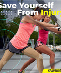 Two women stretching while wearing beige leg compression sleeves for calf knee and thigh recovery pain relief and all day comfy support.