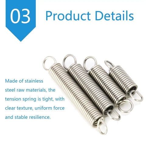 Heavy Duty Dual Hook Tension Extension Spring Made From Solid Stainless Steel With 8mm Outer Diameter And 300mm Length, showing various sizes.