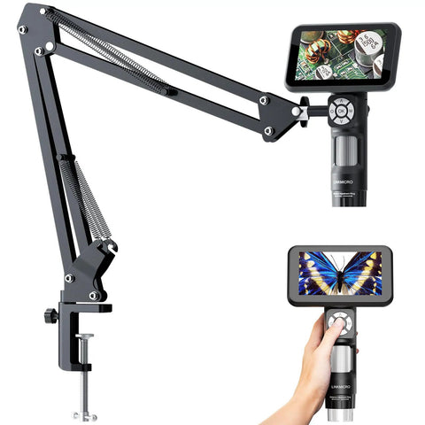 Handheld Digital Microscope With Flexible Boom Arm For Soldering And Electronics, 5 Inch Screen, 1080P Video, 8 LED Illumination