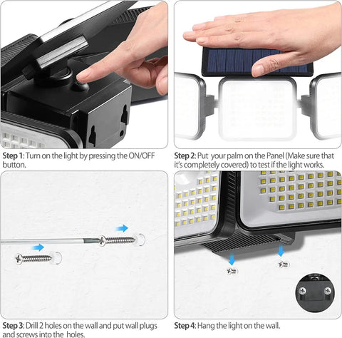 Installation steps for Two Pack Solar Motion Sensor Outdoor Lights With 180 LEDs And 3000 Lumens, IP65 Waterproof, Three Adjustable Heads.