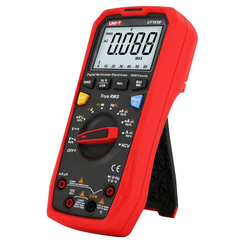 UT161B True RMS Digital Multimeter Workhorse with 6000 Counts and 1000V AC DC NCV, red handheld device on stand.