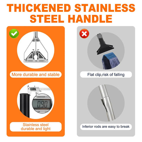 Thickened stainless steel handle comparison showing durability and stability for Damn Near Indestructible 60 Inch Heavy Duty Metal Mop Handles 2 Pack.