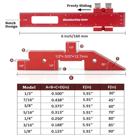 Woodworking ruler with notch design showing measurements, part of Eight Piece 6061 T651 Aluminum Table Setup Blocks For Woodworking.