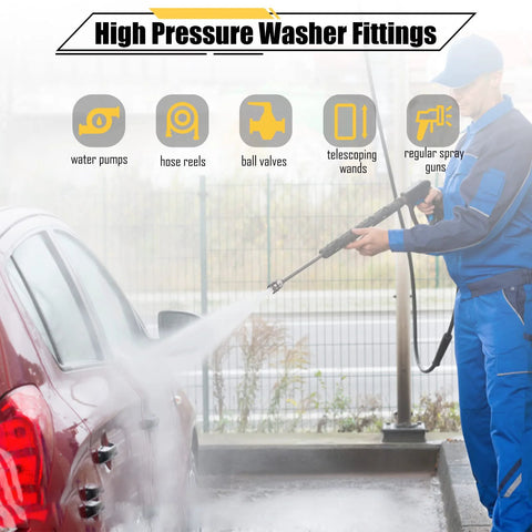 Four stainless steel 1/4 in NPT pressure washer couplers with quick-connect fittings (silver)
