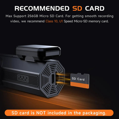 2.5K Front Dash Cam With 1.47 Inch Display, WiFi App Control showing SD card slot for memory expansion