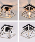 Farmhouse White Square Ceiling Light Fixture Semi Flush Mount With Rustic Iron Frame And Faux Wood Grain Finish