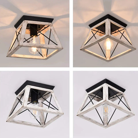Farmhouse White Square Ceiling Light Fixture Semi Flush Mount With Rustic Iron Frame And Faux Wood Grain Finish