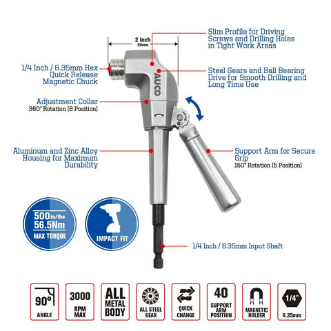 Go-To Right Angle Drill Attachment For Cordless Drill And Impact Driver All Metal Body With Steel Gear 500 In-Lbs Max Torque shown