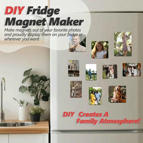 DIY Fridge Magnet Maker Kit With 2x2 2x3 2.5x2.5 And 2.5x3.5 Inch Sizes displayed on a refrigerator with custom photo magnets.