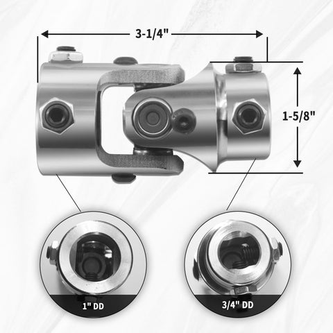 Chrome Steering Universal Joint Shaft 1 Inch DD By Three Quarters Inch DD, Heavy Duty Single U Joint, detailed dimensions view