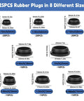 125 Pieces Black Rubber Round Hole Plugs Set In Eight Sizes Silicone Plugs For Round Holes For Furniture Office Kitchen Automotive One Inch Three Quarter Inch Five Eighths Inch One Half Inch Three Eighths Inch Five Sixteenths Inch One Quarter Inch One size chart.