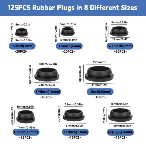 125 Pieces Black Rubber Round Hole Plugs Set In Eight Sizes Silicone Plugs For Round Holes For Furniture Office Kitchen Automotive One Inch Three Quarter Inch Five Eighths Inch One Half Inch Three Eighths Inch Five Sixteenths Inch One Quarter Inch One size chart.