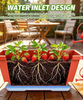 Red Window Box Planters 7 Pack Rectangular Plastic Flower Pots With Saucers For Indoor Outdoor Garden 17 Inch Vegetable Planting Pots For Patio Windowsill And Home Decor Durable Dope Weather Resistant Plastic showing strawberries growing with visible water inlet design.