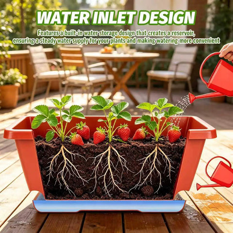 Red Window Box Planters 7 Pack Rectangular Plastic Flower Pots With Saucers For Indoor Outdoor Garden 17 Inch Vegetable Planting Pots For Patio Windowsill And Home Decor Durable Dope Weather Resistant Plastic showing strawberries growing with visible water inlet design.