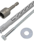 Heavy Duty Nylon Countersunk Flange Dowels 10mm x 100mm, 12 Screws 7mm x 100mm, Large Washers for M8 Bolts, and a One Quarter Inch Hex Socket Bit, 12 Piece Fastener Set for DIY, Wood, and Metal Projects, with dowel, screw, washer, and bit