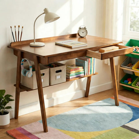 Score This Legit 47 Inch Solid Wood Writing Desk With Warm Walnut Finish Spacious Desktop Heavy Duty Build Delivering That Premium Mid Century Look For Your Office Setup with books and lamp.