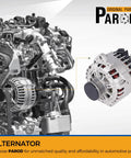 New 12V 120Amp Alternator Fits 2007 2010 Nissan Altima 2.5L, 2010 2013 Rogue, 2014 2015 Rogue Select, and 2007 2012 Sentra Replacement shown next to car engine