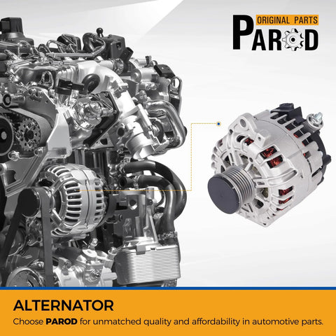 New 12V 120Amp Alternator Fits 2007 2010 Nissan Altima 2.5L, 2010 2013 Rogue, 2014 2015 Rogue Select, and 2007 2012 Sentra Replacement shown next to car engine