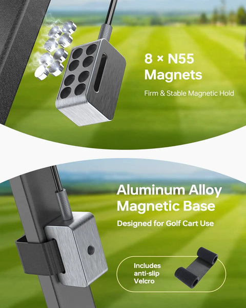 Close-up of Magnetic Golf Cart Flag With Aluminum Base showing 8 N55 magnets and anti-slip Velcro for stable mounting.
