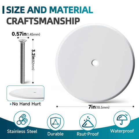 7 Inch Round Cleanout Cover Plate With Large Center Screw, Decorative Blank Access Plate To Hide Plumbing Holes, Sturdy White Build That Looks Fresh And Swaps On With No Sweat, showing stainless steel screw.