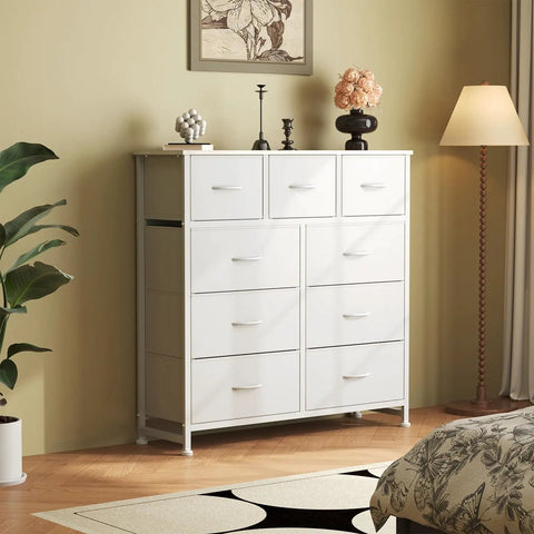 White 9 Drawer Dresser With Fabric Bins Sturdy Metal Frame And Wood Top A Totally Functional Storage Organizer For Bedroom Guest Room Closet Or Entryway Big Capacity Chest Of Drawers That Fits Any Space