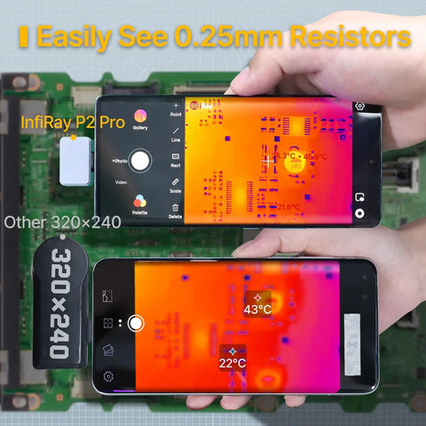 Pro Grade Infrared Thermal Camera For Android Type-C With Magnetic Macro Lens, showing thermal images on circuit board