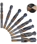 Reduced Shank Drill Bits Set, 8 Pc Deming Large HSS Cobalt M2 Bits In Aluminum Index Case, shown in various sizes and angles.